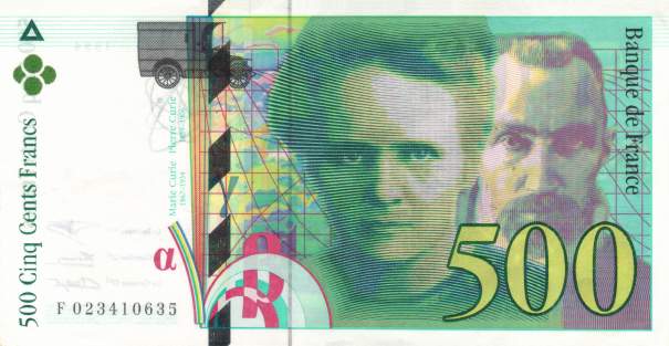  Marie Slodowska Curie (1867-1934) 
 Pierre Curie (1859-1906)
 500 Francs
 Banque de France