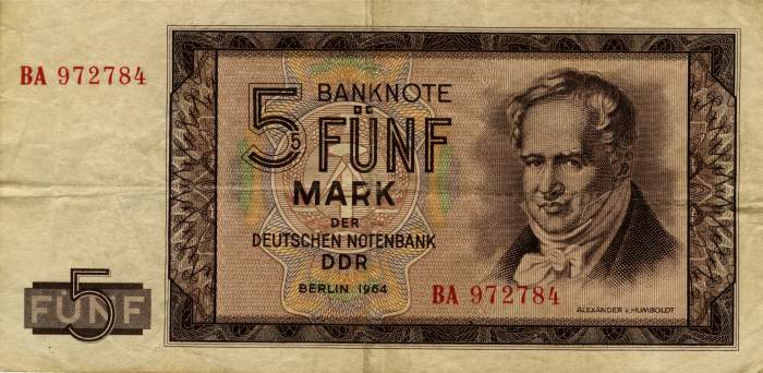  Alexander v. Humboldt (1769-1859) 
on a 5-mark banknote of the DDR (1964). 
Courtesy of Jacob Lewis Bourjaily. 