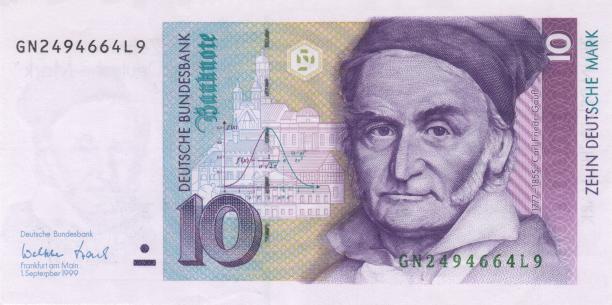  1777-1855 Carl Friedrich Gauss 
 on German currency introduced in 1991 
 10 Deutsche Mark, Deutsche Bundesbank 