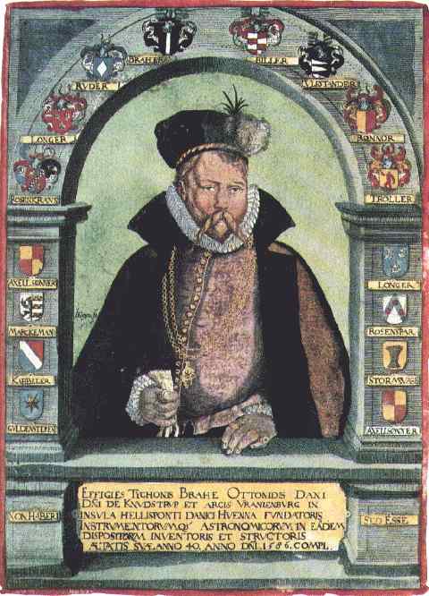  1586: Portrait of Tycho Brahe (1546-1601) 
 surrounded by the arms of his noble ancestors. 